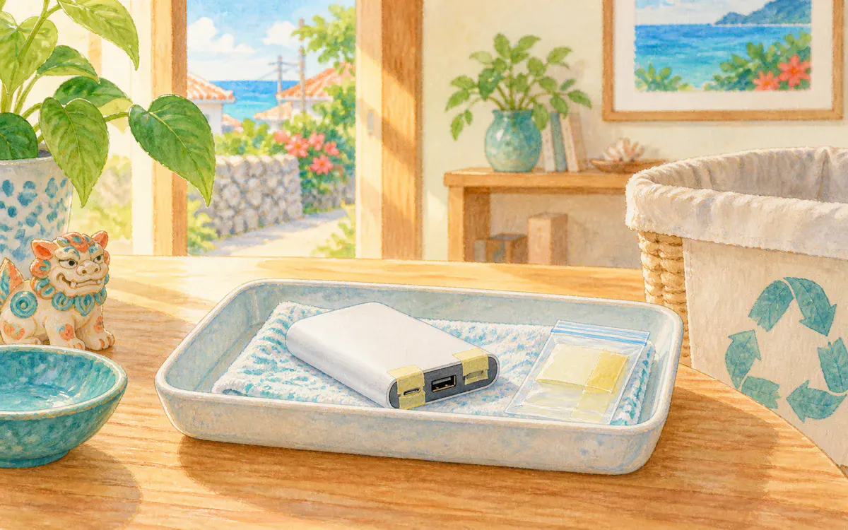 安全に分別されたモバイルバッテリーのイラスト