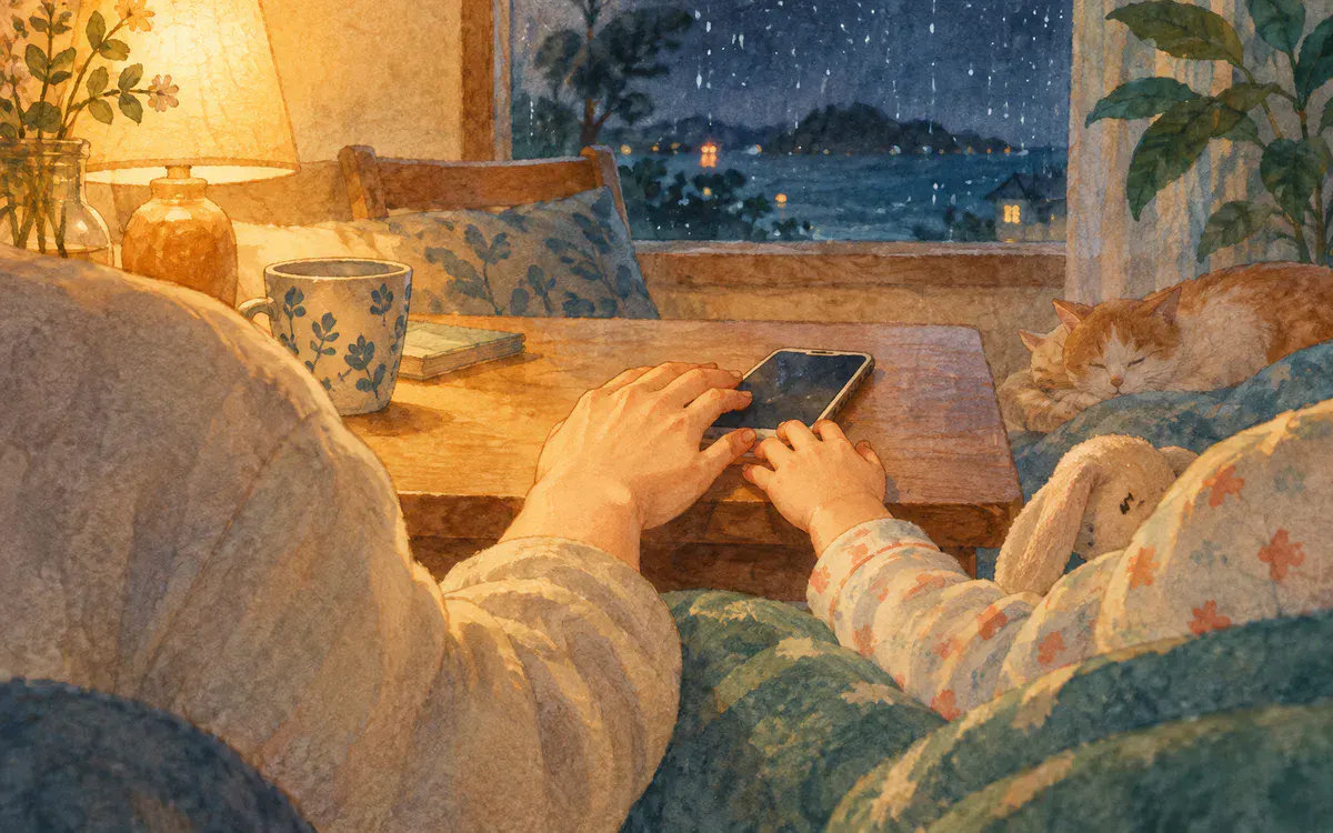 夜の室内で寄り添う親子の手を描いたイラスト