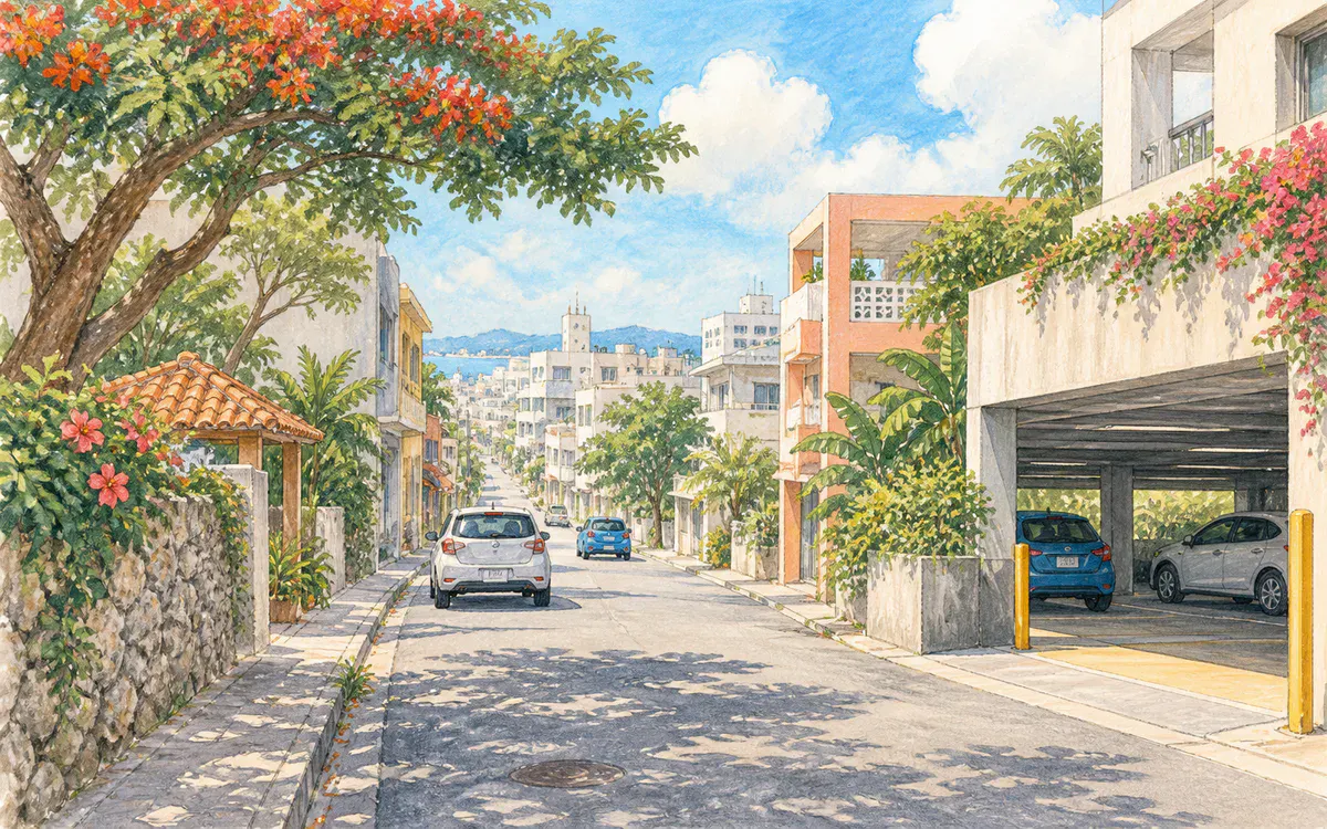 那覇の街角と駐車場を描いたイラスト