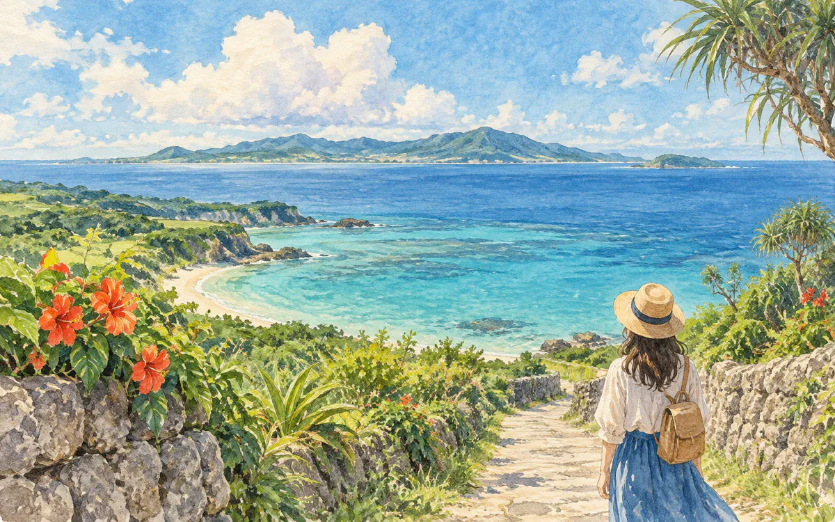 島の景色を眺める旅人を描いたイラスト